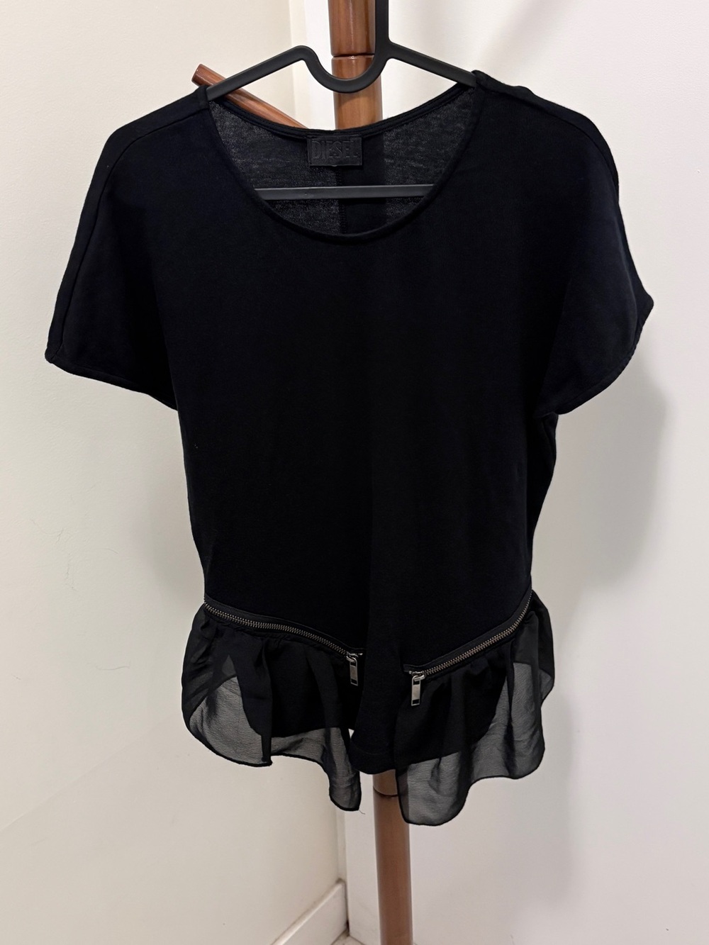 Diesel Black Short Sleeve Top with Sheer Ruffle Hem and Dual Zippers